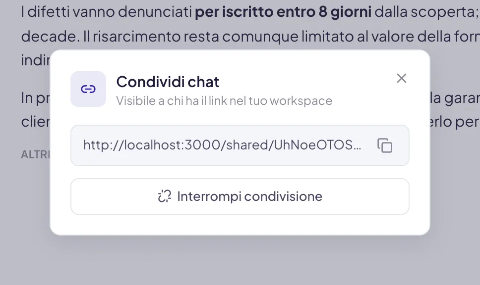 La stessa finestra dopo aver generato: al posto del pulsante ci sono il link in un campo, l'icona per copiarlo e, sotto, Interrompi condivisione