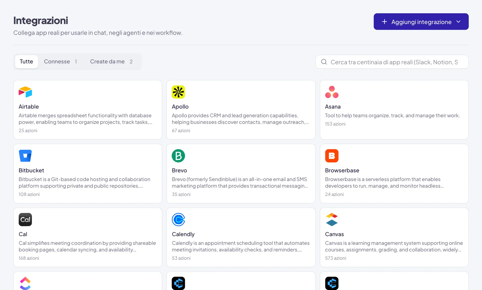 La pagina Integrazioni: le schede Tutte, Connesse e Create da me, la ricerca, Aggiungi integrazione in alto a destra e il catalogo delle app, ciascuna con il numero di azioni