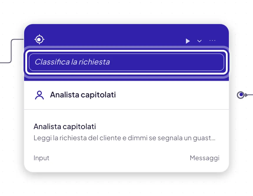 Un blocco Agente con il titolo cliccato nell'intestazione viola: è diventato un campo, evidenziato, in cui scrivere il nome che dice cosa fa il blocco