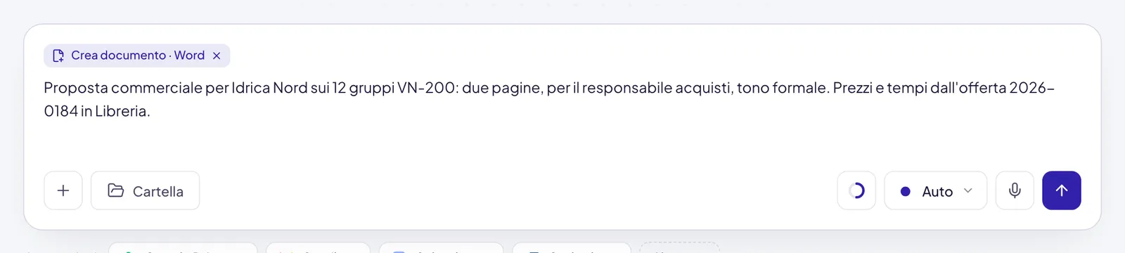 La targhetta Crea documento · Word sopra il campo e, nella richiesta, per chi è il documento, quanto deve essere lungo, il tono e il file da cui prendere prezzi e tempi