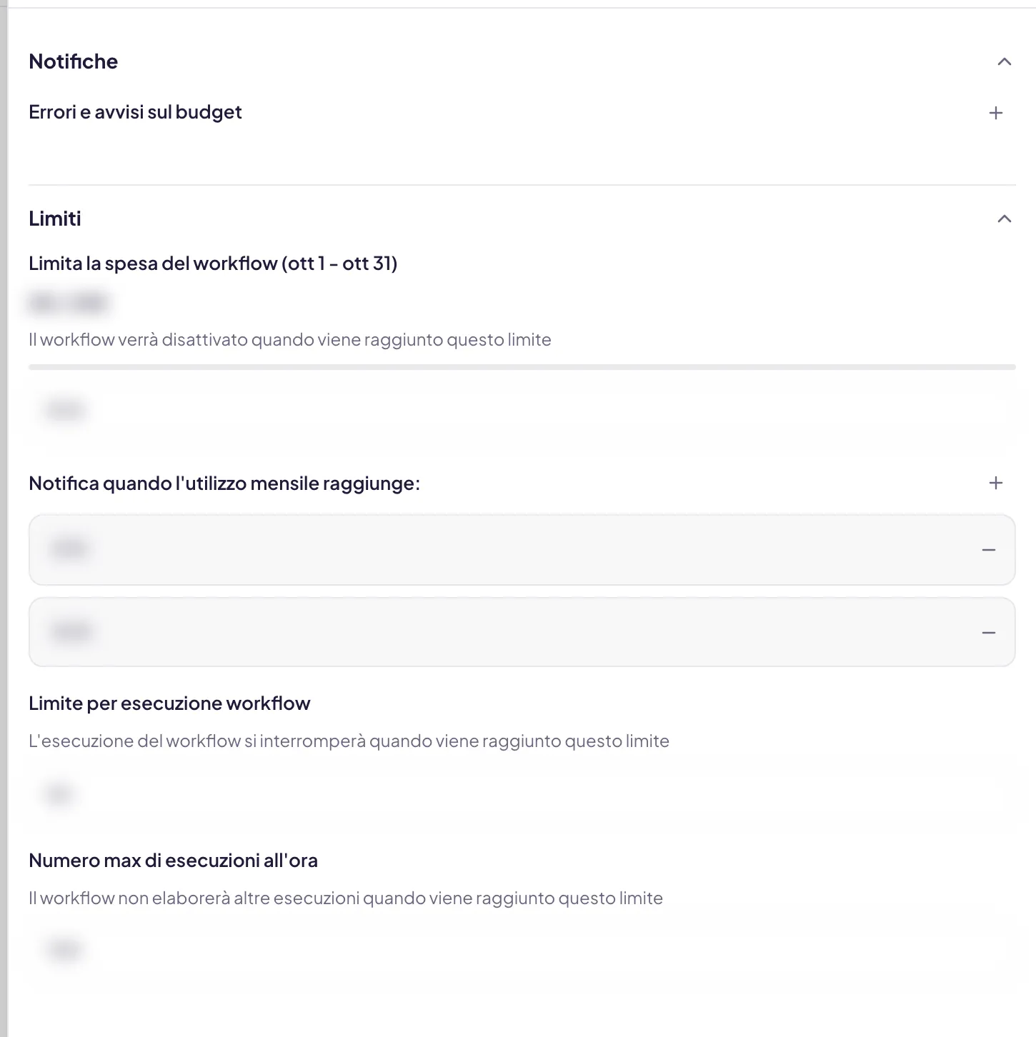 Le Impostazioni di un workflow: in alto Notifiche, con i destinatari degli errori e degli avvisi sul budget; sotto Limiti, con il tetto mensile e la spesa già maturata, le soglie di avviso, il limite per singola esecuzione e quello sulle esecuzioni all'ora. I valori sono sfocati: qui conta dove stanno