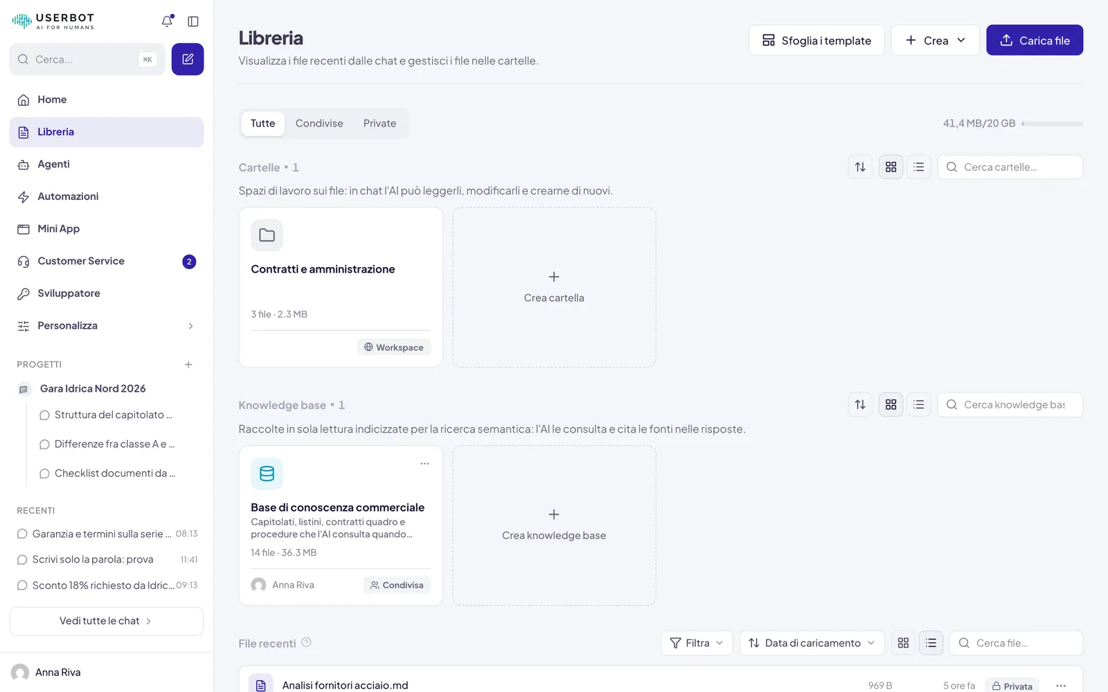 La pagina Libreria: in alto Sfoglia i template, Crea e Carica file; sotto le schede Tutte, Condivise e Private, la sezione Cartelle e la sezione Knowledge base, ciascuna con la sua scheda tratteggiata per crearne una nuova