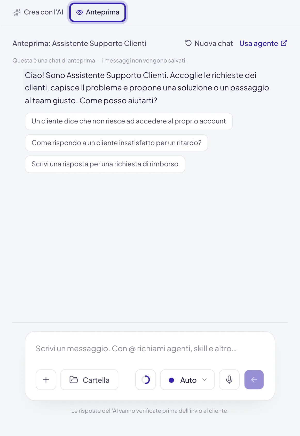 La scheda Anteprima nella colonna di destra dell'editor: il saluto dell'agente, le frasi di avvio come pulsanti e il campo di scrittura in basso