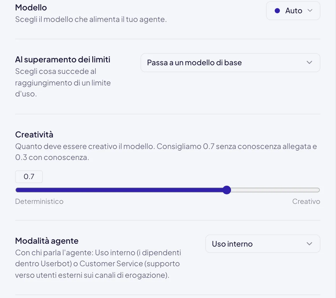 La parte bassa dell'editor: Modello su Auto, Al superamento dei limiti, il cursore della Creatività e la Modalità agente