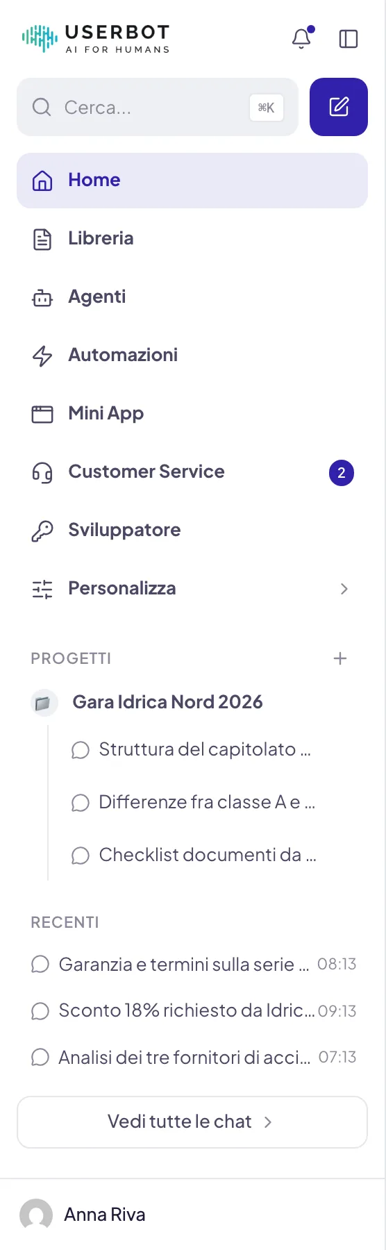 La barra laterale di Userbot: Mini App è una voce di primo livello, fra Automazioni e Personalizza