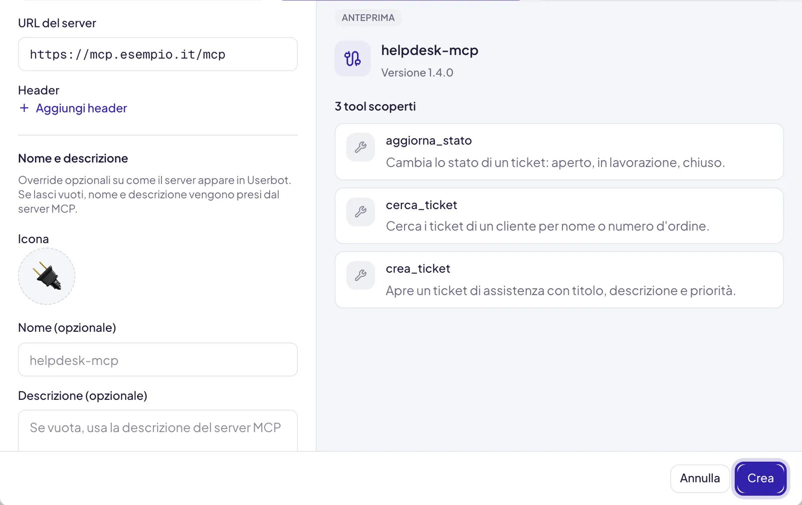 Dopo la verifica, a sinistra Nome e descrizione con l'icona e i campi facoltativi, che riprendono il nome del server, e in basso a destra Crea evidenziato