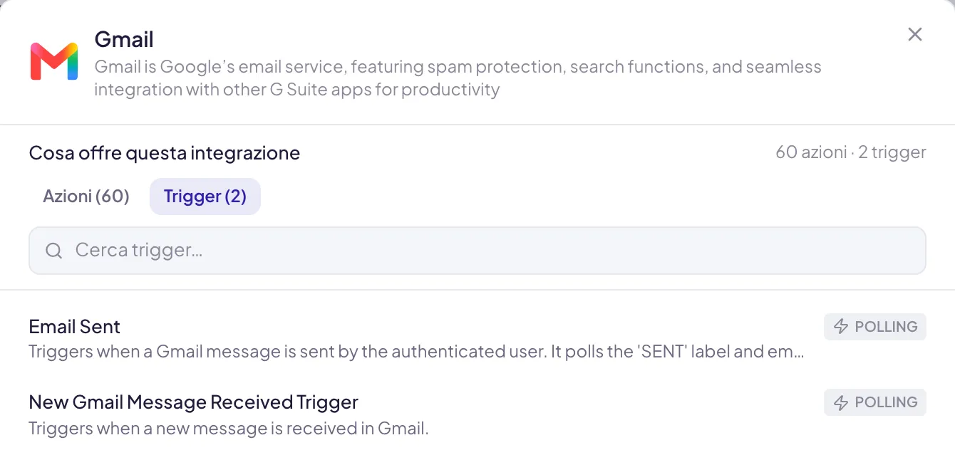 La stessa scheda sulla scheda Trigger: due eventi di Gmail, ciascuno con la descrizione e il badge Polling