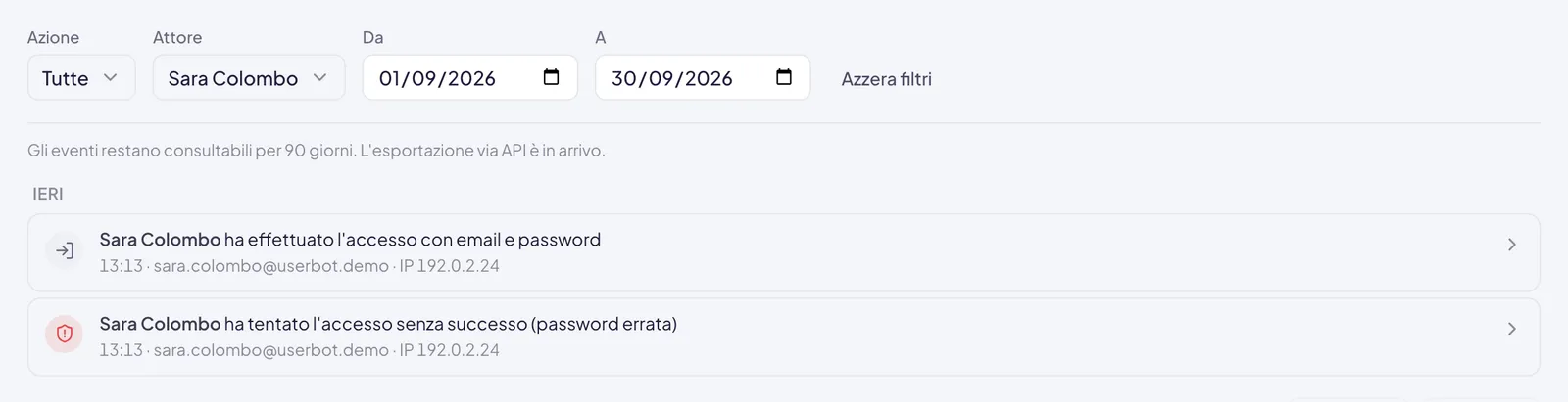 I filtri con l'attore Sara Colombo e un periodo scelti, Azzera filtri accanto, e sotto solo i suoi eventi: un accesso riuscito e un tentativo con password errata