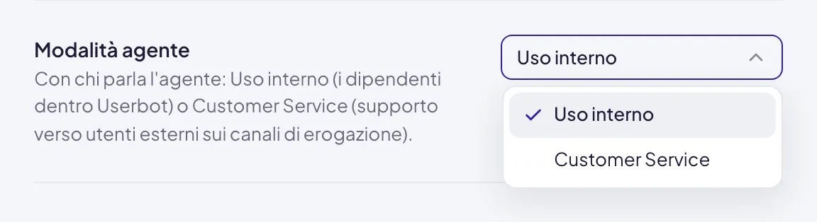 Il menu Modalità agente aperto nell'editor dell'agente, con le voci Uso interno e Customer Service