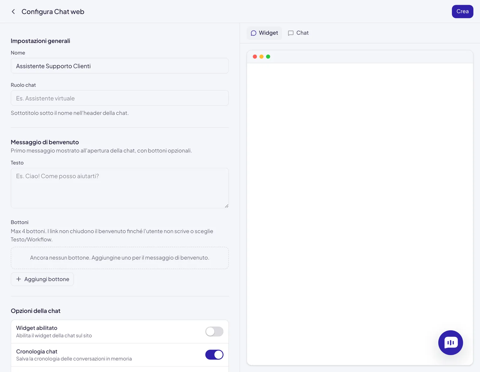 La pagina Configura Chat web: a sinistra Impostazioni generali, Messaggio di benvenuto e Opzioni della chat con Widget abilitato ancora spento; a destra l'anteprima con le schede Widget e Chat e il pulsante della chat in basso a destra