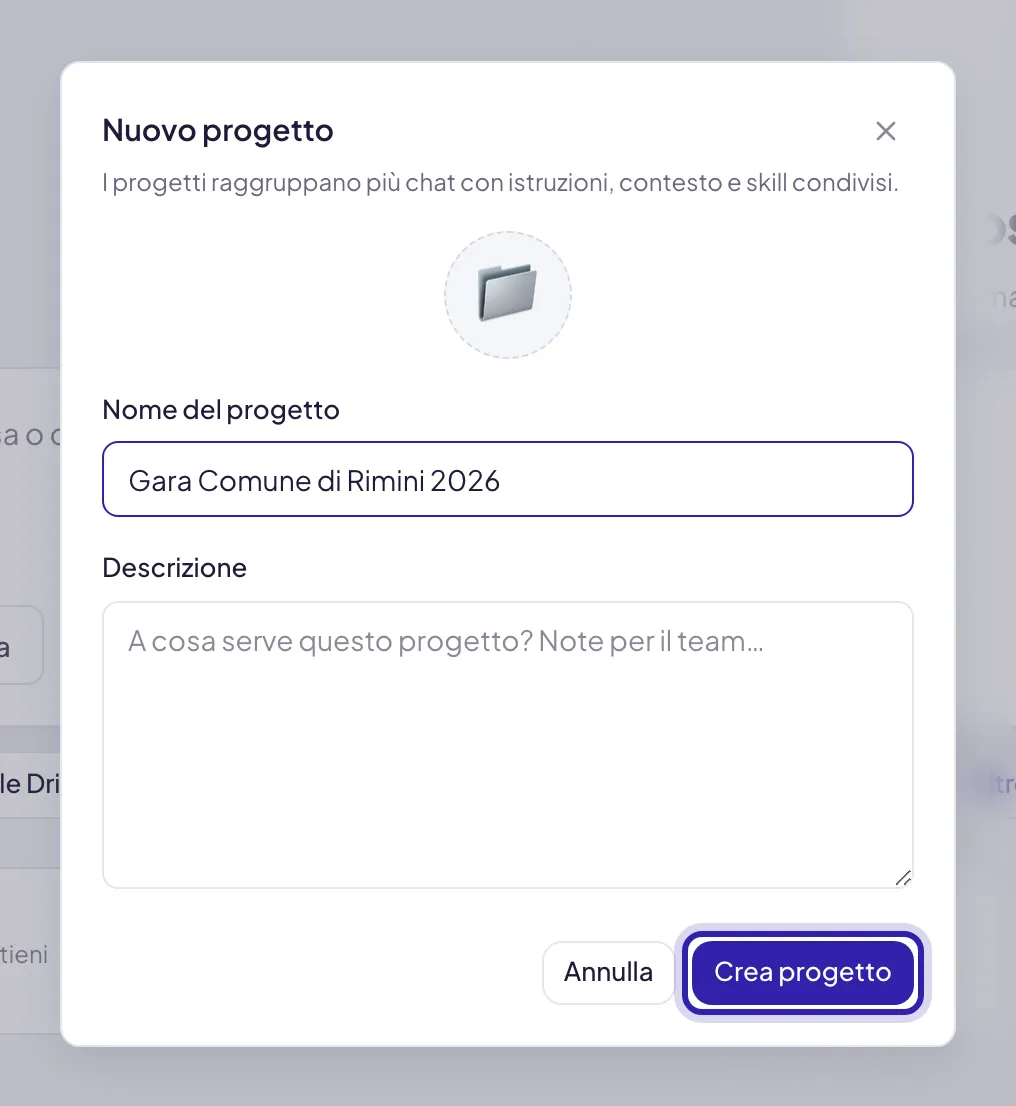 La finestra Nuovo progetto: in alto il riquadro dell'icona, poi Nome del progetto già compilato e Descrizione, in fondo il pulsante Crea progetto evidenziato