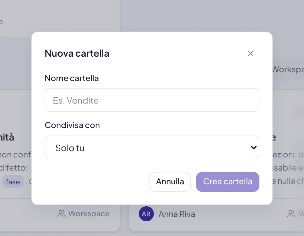 La finestra Nuova cartella: il campo del nome e, subito sotto, Condivisa con, la decisione che vale per tutti i prompt che ci metterai dentro