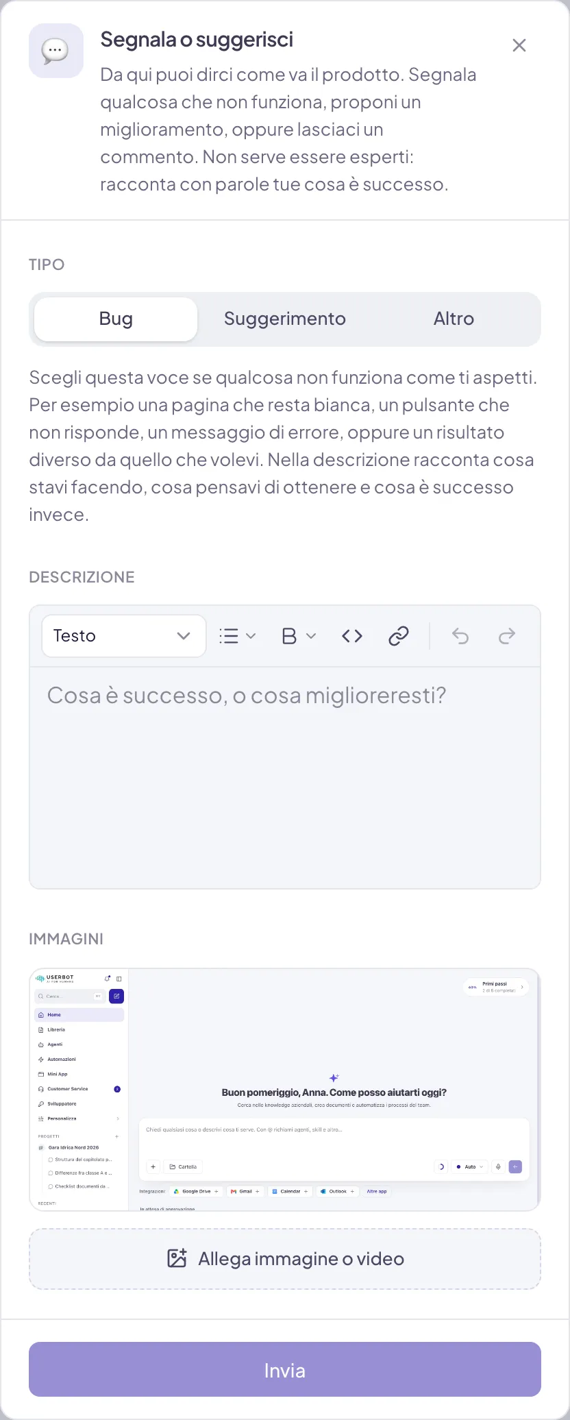 Il pannello Segnala o suggerisci: Tipo con Bug, Suggerimento e Altro, la spiegazione del tipo scelto, il campo Descrizione, sotto Immagini lo screenshot della pagina già allegato, Allega immagine o video e il pulsante Invia