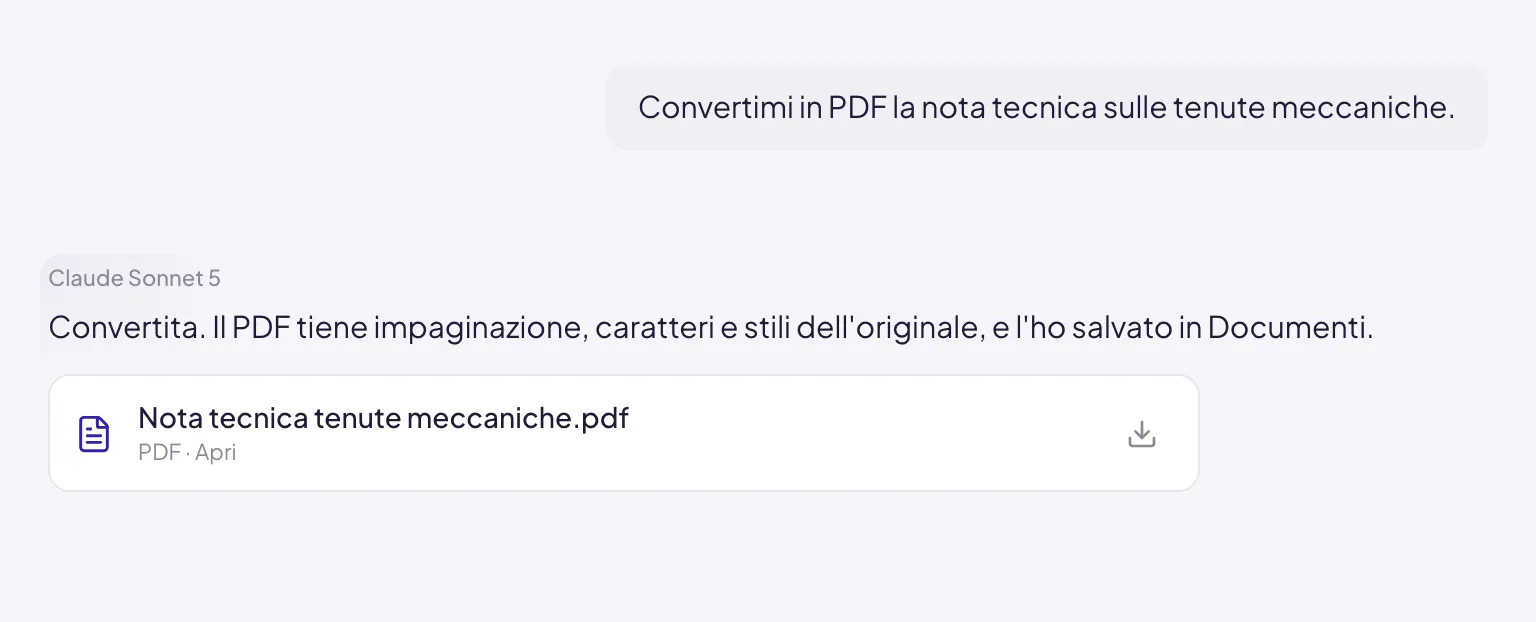 L'esito di una conversione: la scheda del PDF con il nome del documento di partenza e la freccia per scaricarlo
