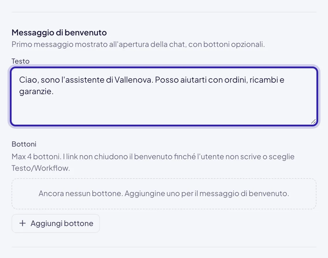 La sezione Messaggio di benvenuto con il campo Testo compilato ed evidenziato e sotto Bottoni ancora vuoto con Aggiungi bottone