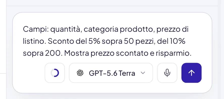 Il campo del costruttore con la descrizione scritta: i campi, la regola di sconto e cosa mostrare, e sotto il modello scelto e il pulsante di invio