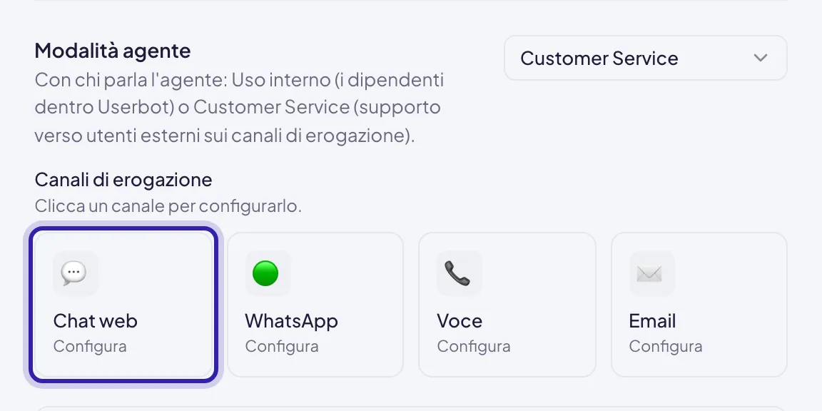 I quattro Canali di erogazione sotto Modalità agente impostata su Customer Service, con la scheda Chat web evidenziata