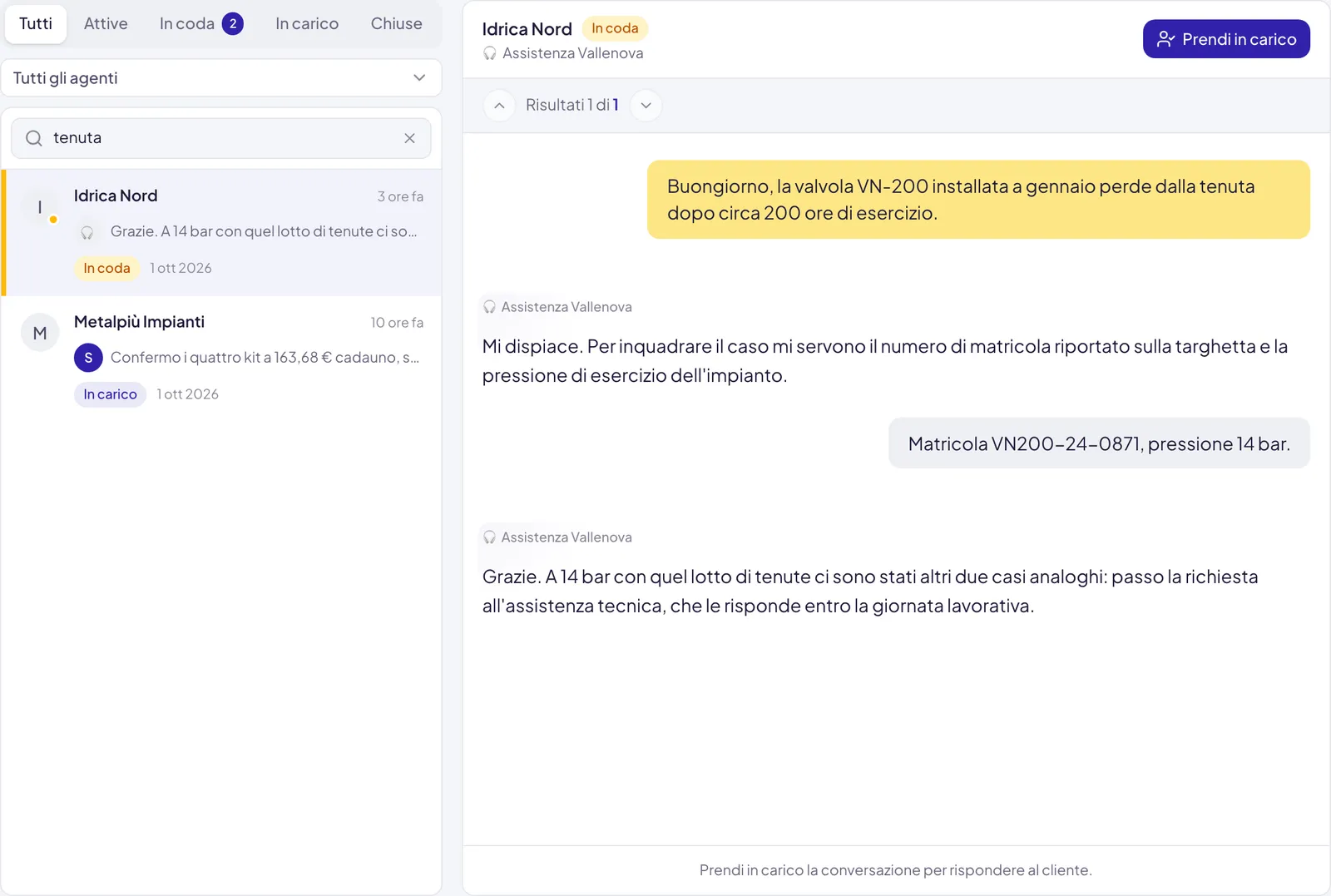 La parola tenuta cercata nel campo di ricerca: l'elenco si riduce alle conversazioni che la contengono, e nella conversazione aperta il messaggio trovato è evidenziato in giallo, con la barra Risultati 1 di 1 e le frecce in alto