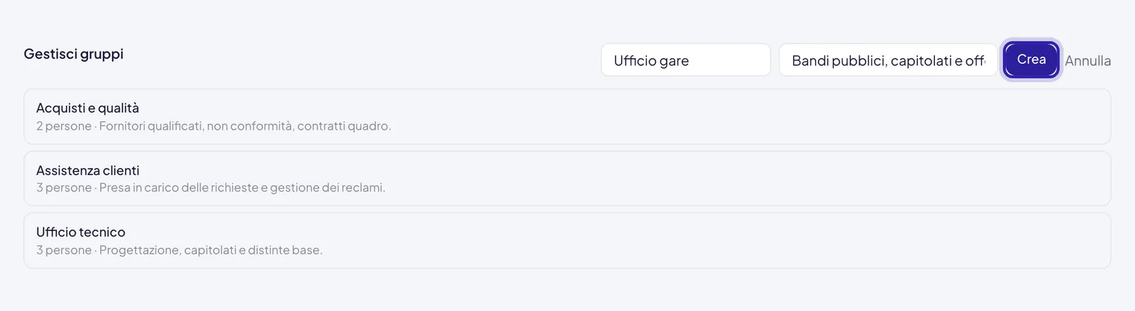 I due campi comparsi al posto del pulsante, con il nome Ufficio gare e la descrizione già scritti, e accanto Crea evidenziato e Annulla
