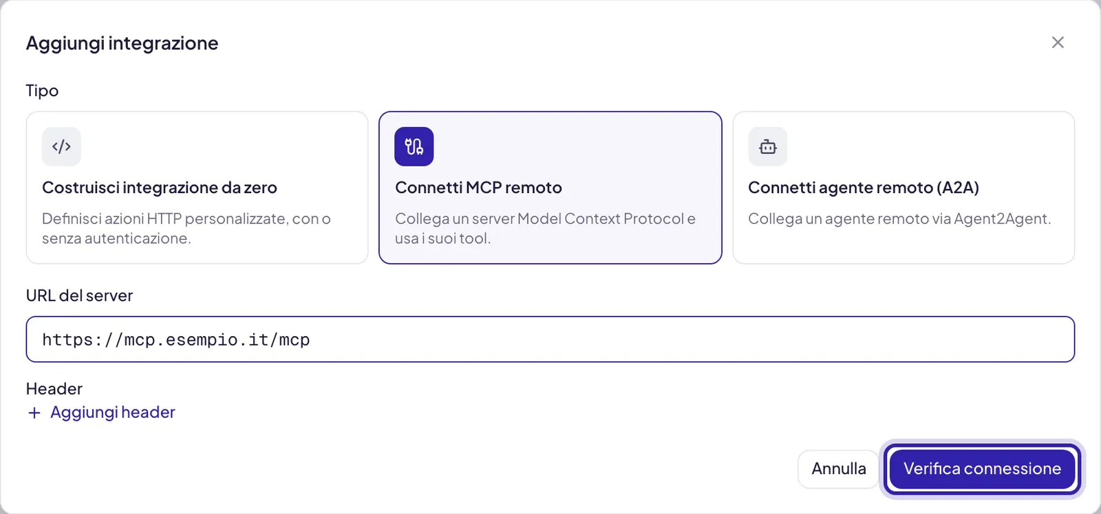 La finestra con il tipo Connetti MCP remoto: il campo URL del server compilato, Aggiungi header sotto e il pulsante Verifica connessione evidenziato