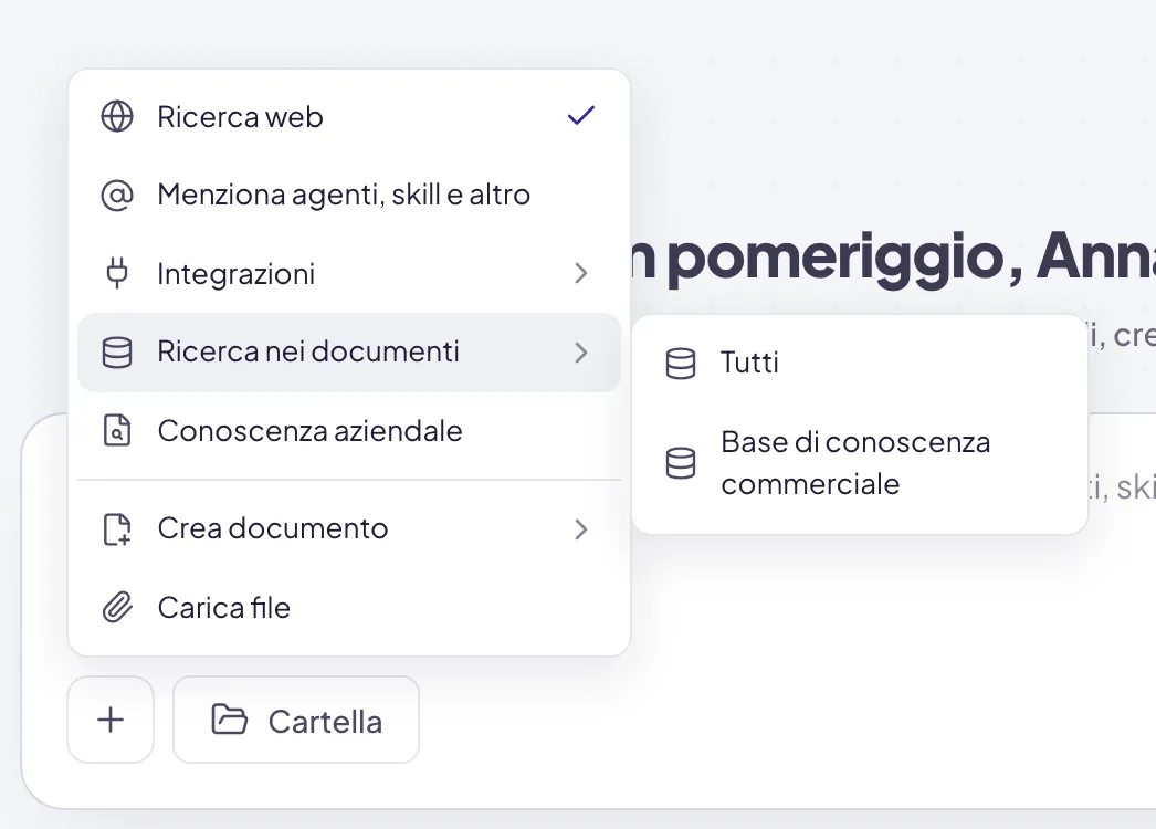 Il menu più con Ricerca nei documenti aperta: a destra il sottomenu con Tutti e, sotto, la base di conoscenza disponibile