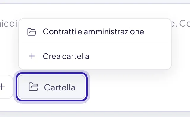 Il pulsante Cartella evidenziato e, sopra, l'elenco delle cartelle della Libreria, una per riga, con Crea cartella in fondo