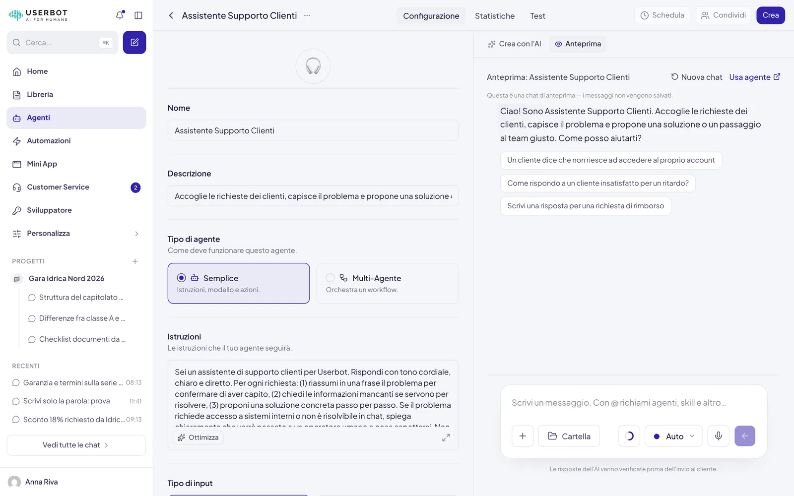 L'editor di un agente nuovo: in alto le schede Configurazione, Statistiche e Test e il pulsante Crea; a sinistra nome, descrizione, tipo di agente e istruzioni; a destra l'Anteprima, dove le frasi di avvio compaiono già come pulsanti