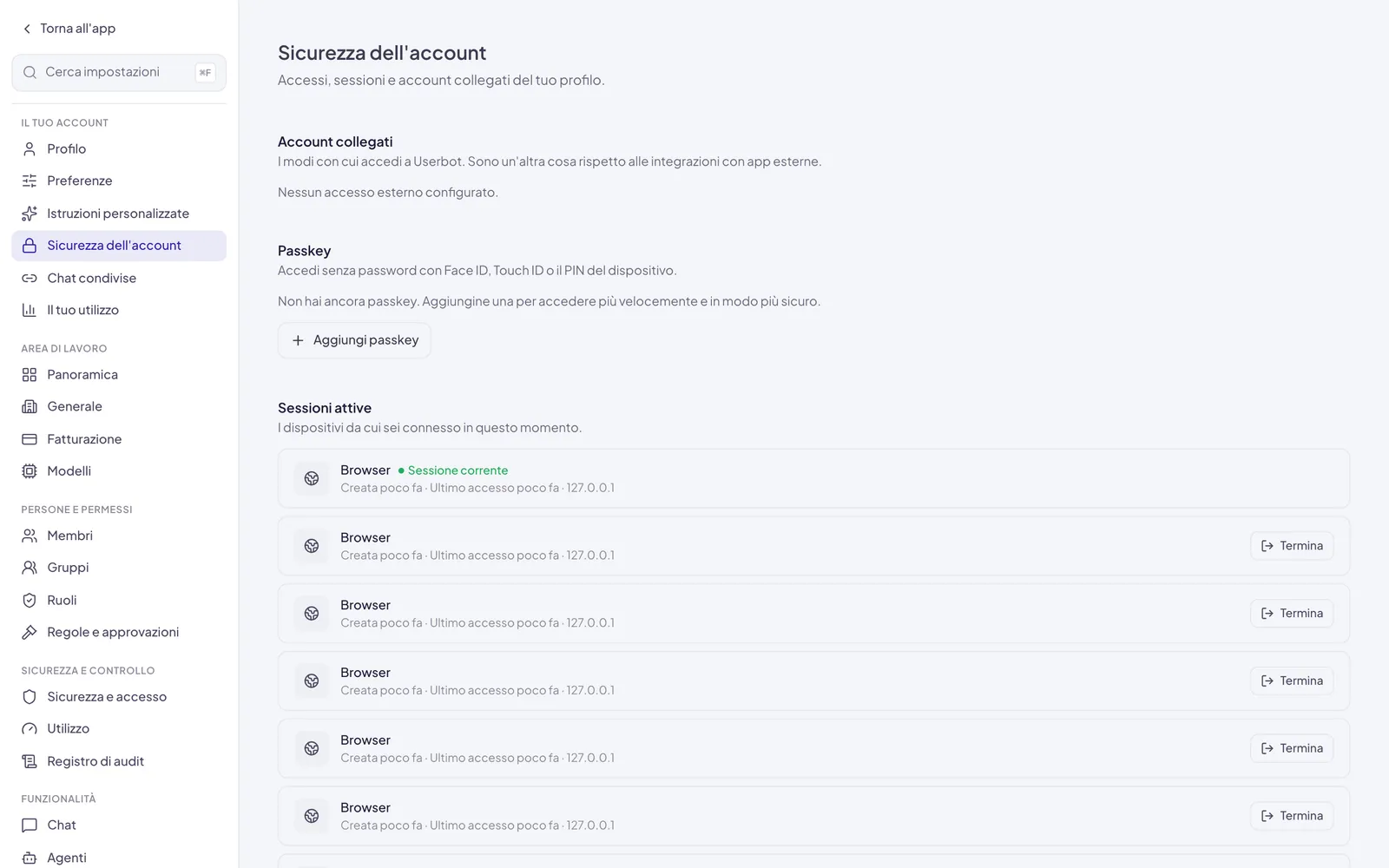 La pagina Sicurezza dell'account con i tre blocchi uno sotto l'altro: Account collegati, Passkey con il pulsante Aggiungi passkey, Sessioni attive