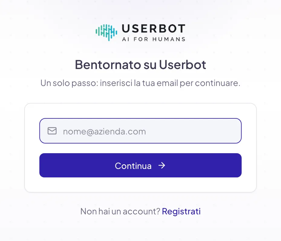 La schermata di accesso di Userbot con il campo per l'indirizzo email e il pulsante Continua