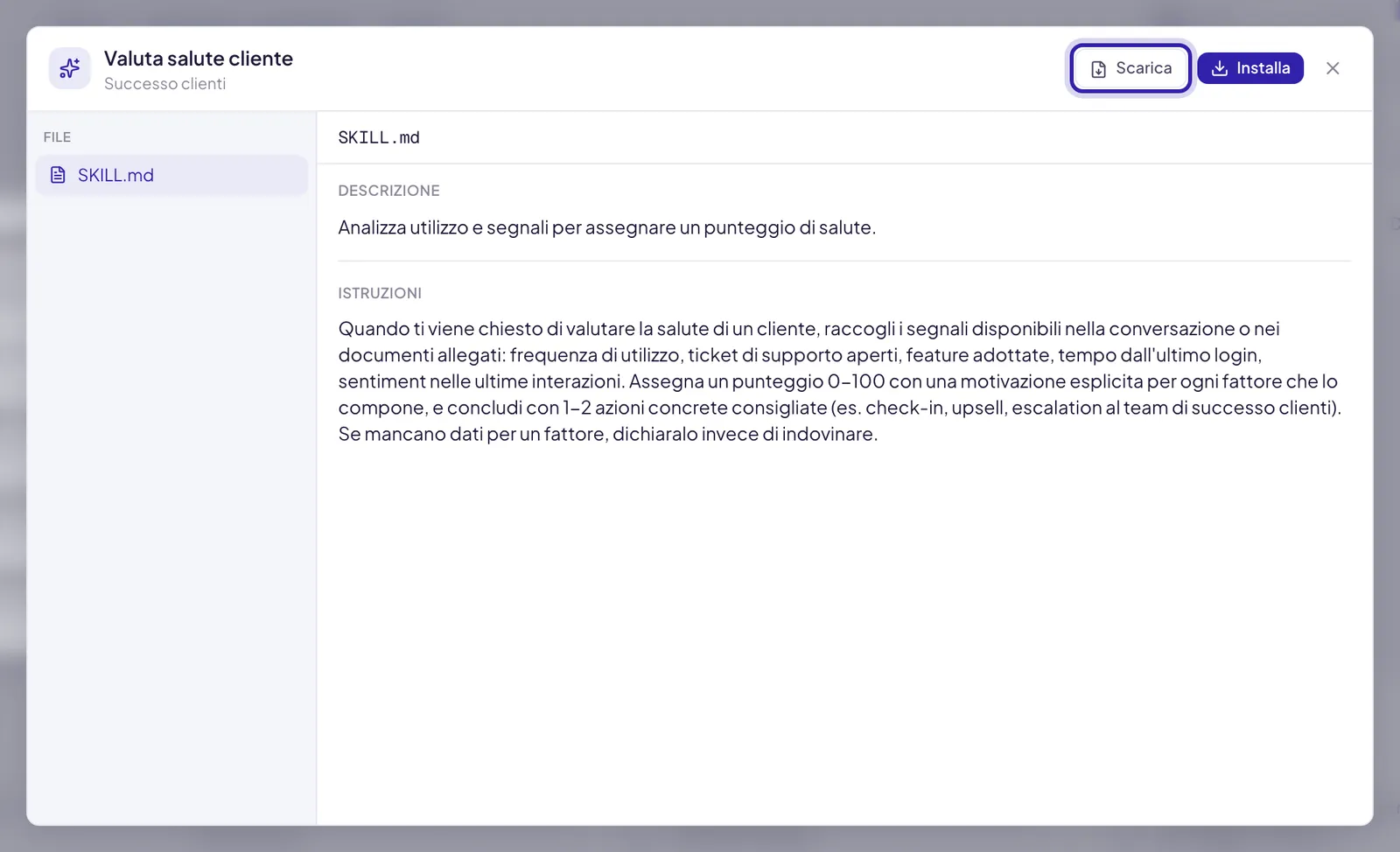 Una skill del pacchetto Successo clienti aperta: la descrizione e le istruzioni complete in chiaro, e in alto Scarica evidenziato accanto a Installa
