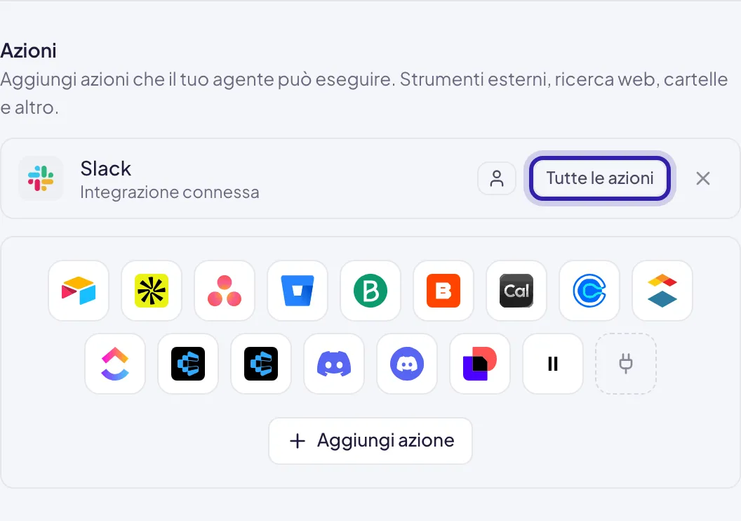Il riquadro Azioni con Slack appena aggiunta: la riga dice Integrazione connessa e ha accanto il pulsante Tutte le azioni evidenziato