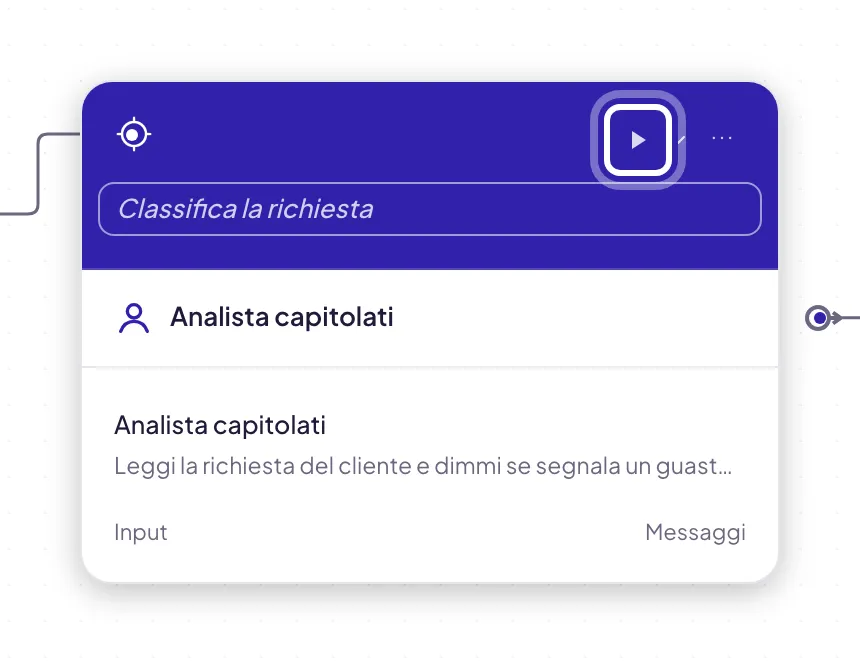 Il pulsante Esegui solo questo nodo sull'intestazione di un blocco, evidenziato: la prova del singolo blocco non si mette in coda dietro un'esecuzione completa