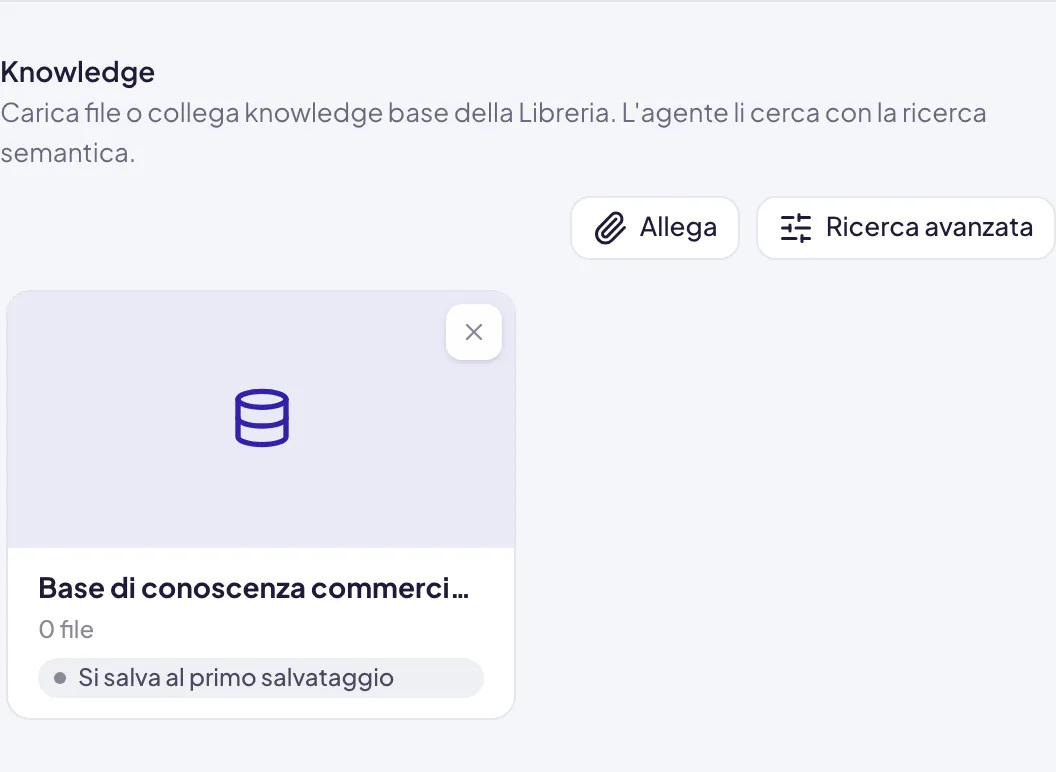 Il riquadro Knowledge con una base di conoscenza appena aggiunta a un agente non ancora creato: la scheda porta la scritta Si salva al primo salvataggio