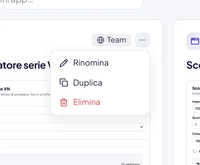 Il menu ⋯ di una Mini App nell'elenco: Rinomina, Duplica ed Elimina in rosso, accanto all'etichetta che ne mostra la visibilità