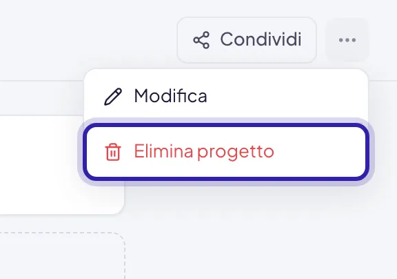 Il menu delle altre azioni di un progetto: Modifica ed Elimina progetto, evidenziato