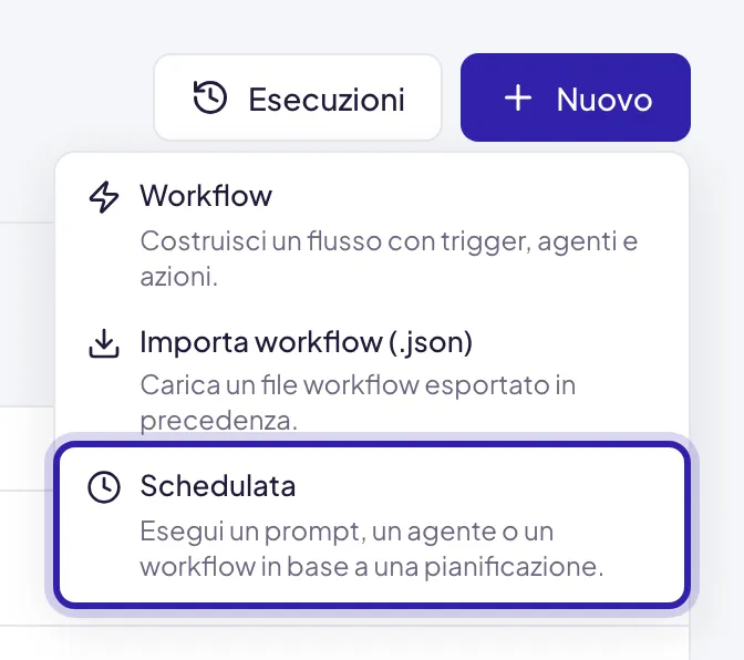Il menu del pulsante Nuovo con la voce Schedulata evidenziata, l'ultima delle tre
