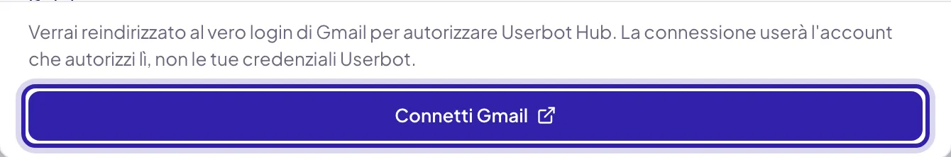 Il fondo della scheda di Gmail: la nota che avvisa del reindirizzamento al login vero di Gmail e il pulsante Connetti Gmail evidenziato