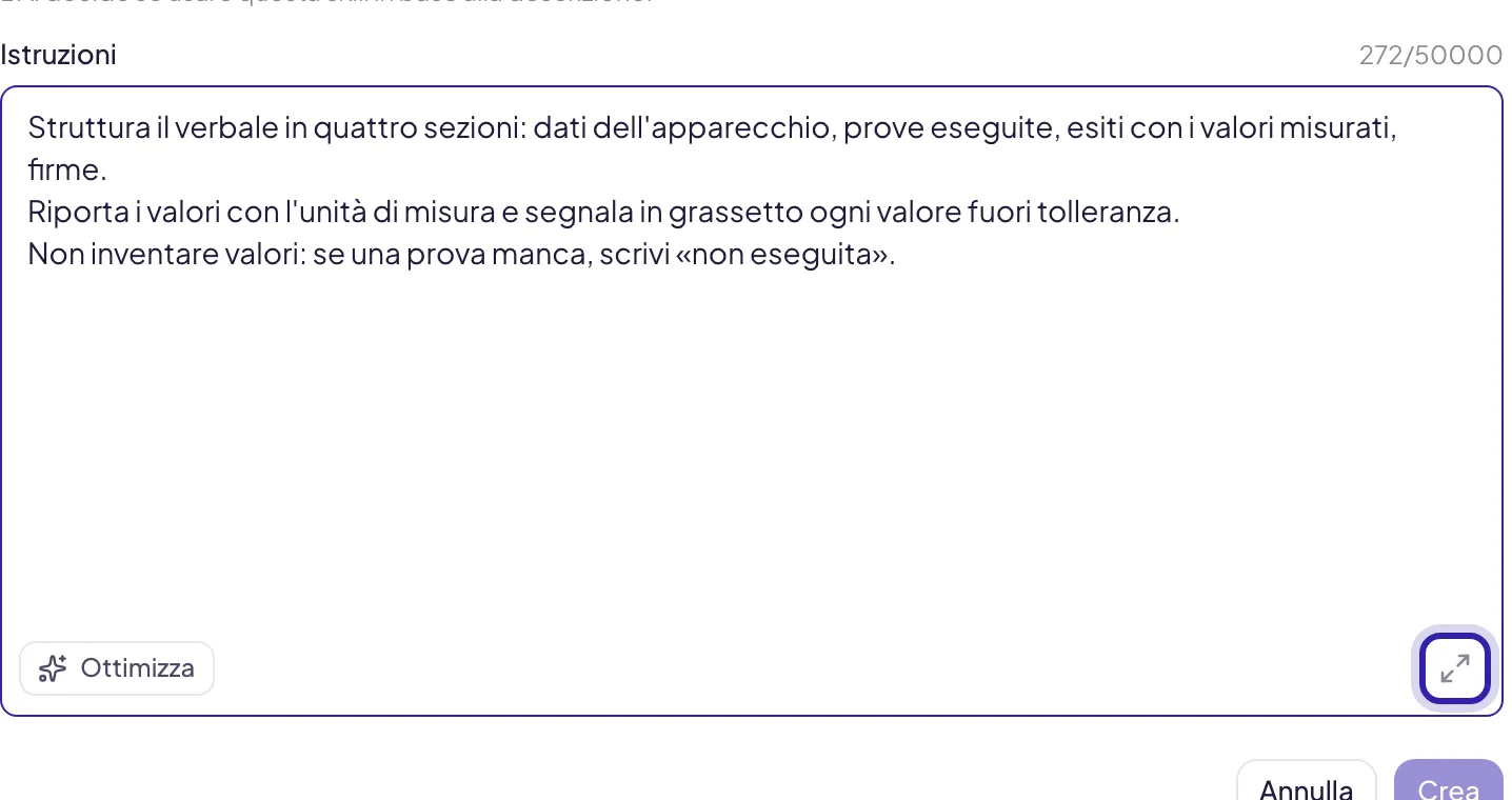 Il campo Istruzioni con tre regole scritte, Ottimizza in basso a sinistra e il pulsante Schermo intero evidenziato in basso a destra