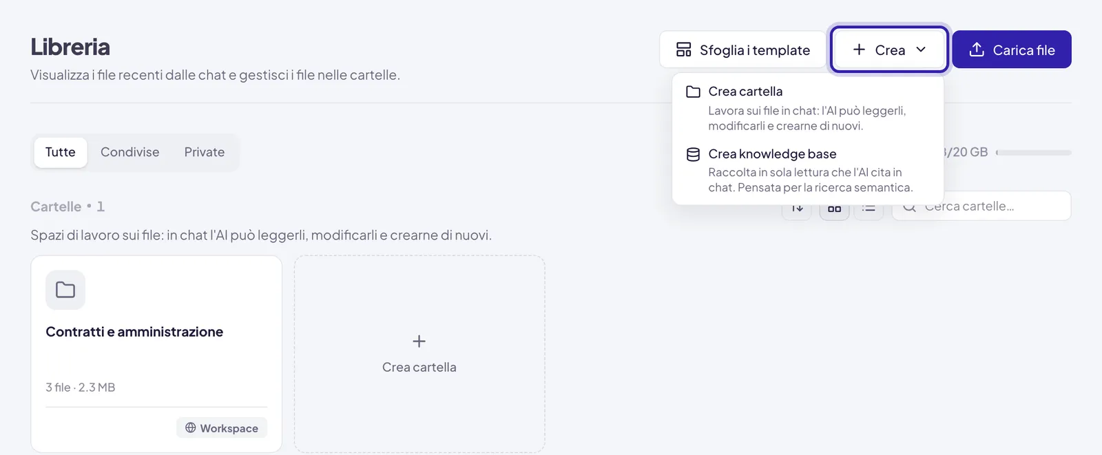 Il menu aperto sotto il pulsante Crea, evidenziato: Crea cartella per lavorare sui file in chat, Crea knowledge base per la raccolta in sola lettura che l'AI cita