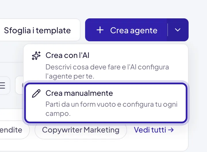 Il menu della freccia accanto a Crea agente, con Crea manualmente evidenziato sotto Crea con l'AI
