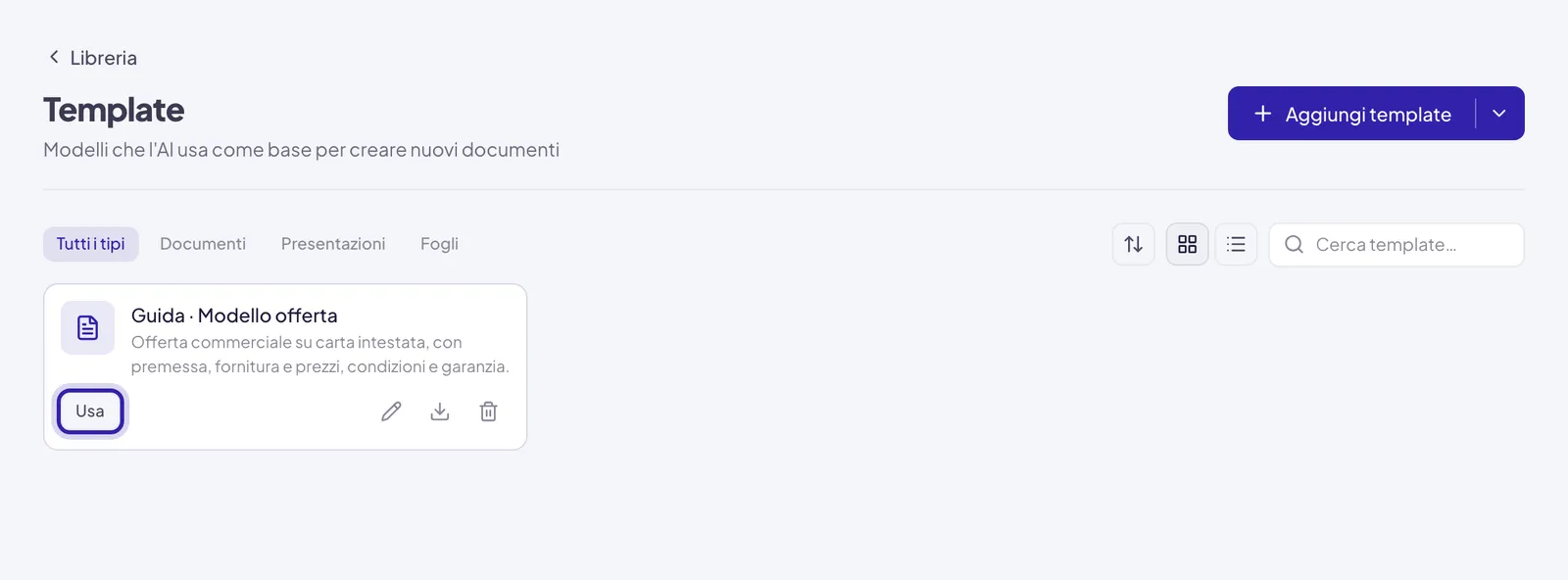 La pagina Template con la scheda di un modello di offerta: nome, descrizione e il pulsante Usa evidenziato in basso a sinistra
