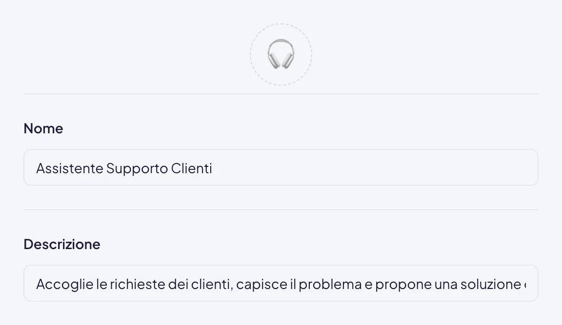 La parte alta dell'editor: l'icona dell'agente, che si cambia cliccandola, e sotto i campi Nome e Descrizione già compilati