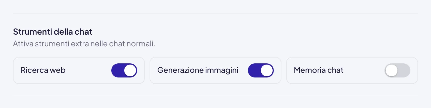 La sezione Strumenti della chat nelle preferenze: tre interruttori affiancati, Ricerca web e Generazione immagini accesi, Memoria chat spento