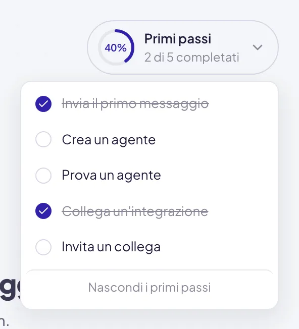 Primi passi aperto in alto a destra della Home: la percentuale di avanzamento, l'elenco delle cose da provare con la spunta su quelle già fatte e in fondo Nascondi i primi passi