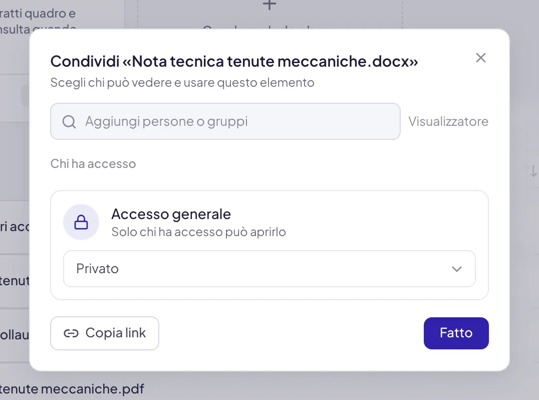 Il pannello Condividi di un singolo file: accanto al campo il ruolo è fisso su Visualizzatore, in fondo l'accesso generale e Copia link