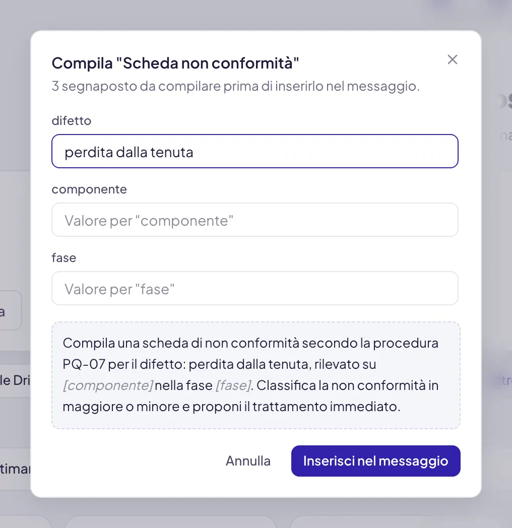 La finestra di compilazione con il primo campo riempito e gli altri vuoti: nell'anteprima sotto, il valore scritto è già al suo posto nella frase mentre i segnaposto non compilati restano segnati fra parentesi
