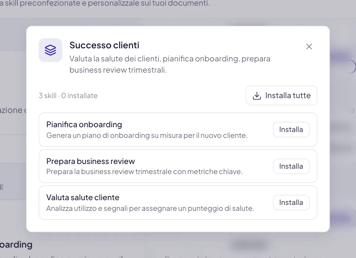 Un pacchetto aperto: sotto il titolo il conto delle skill e di quante ne hai già installate, poi una riga per skill con la sua descrizione e Installa, e in alto a destra Installa tutte