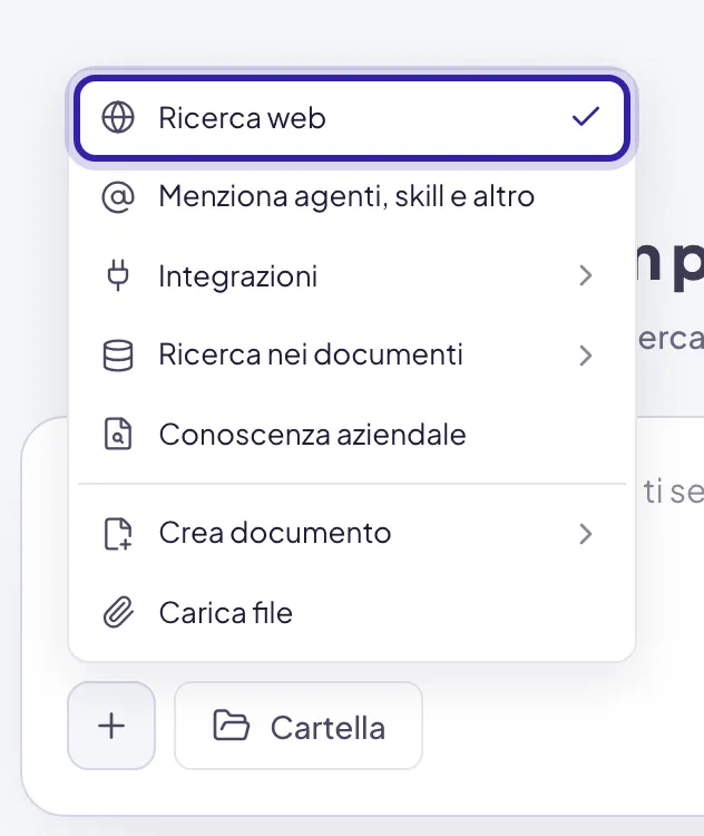 Il menu più aperto con la voce Ricerca web evidenziata in cima: la spunta a destra dice che è accesa