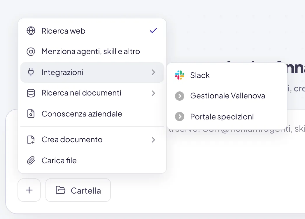 Il menu più con Integrazioni aperta: a destra il sottomenu con le app collegate da accendere, qui Slack, Gestionale Vallenova e Portale spedizioni