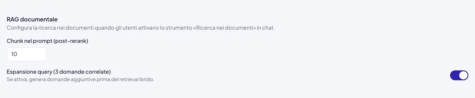 I due parametri della ricerca documentale: il campo numerico dei chunk che finiscono nel prompt e l'interruttore dell'espansione query, con il numero di domande correlate che genera